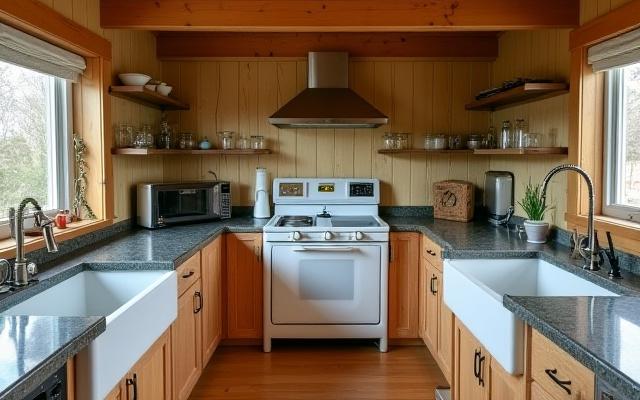 Rustikt gårdsbruk kjøkken med gjenbrukt furu og granittbenkeplate på Nesodden