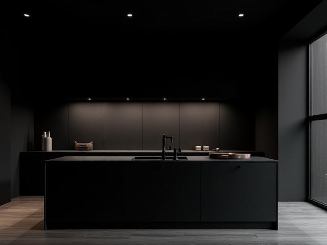 Minimalistisk svart kjøkken med røykfarget eik og betongbenkeplate i Tjuvholmen