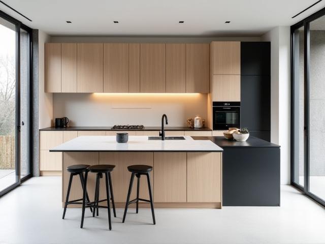 Minimalistisk bykjøkken med lyse eikeskap og sort matt finish i Oslo