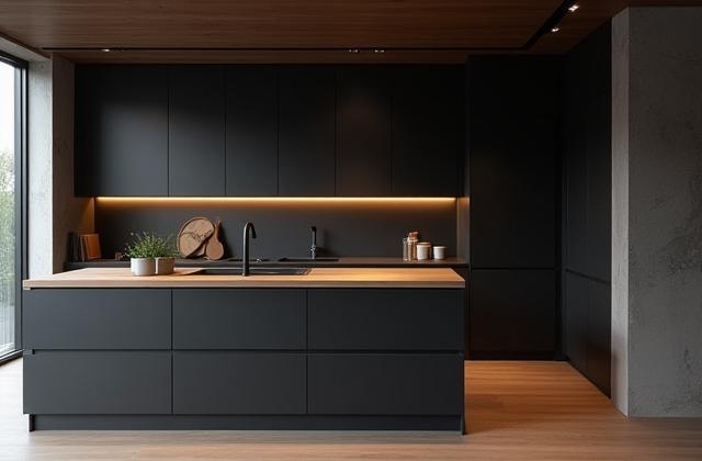 Moderne åpent kjøkken med mørke fronter og trebenkeplate.
