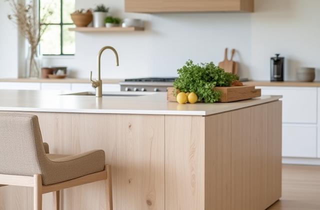 Kjøkkenøy med integrert vask og sitteplasser.