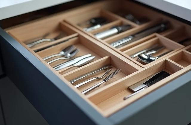 Detaljbilde av skuffer med organisert innmat i et moderne kjøkken.