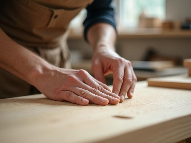 Detalj av et snekkerverksted hos Natt Bord, som viser en håndverker som jobber med treverk.