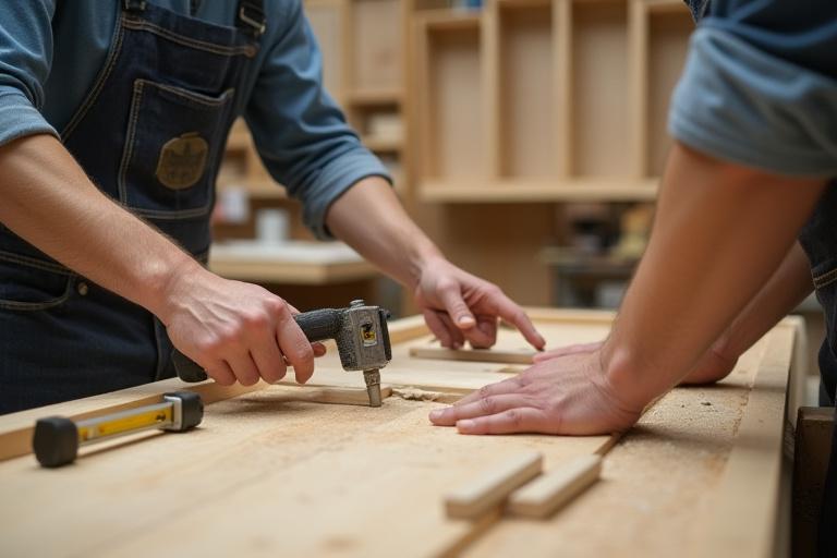 Håndverkere som installerer et kjøkkenskap med presisjon