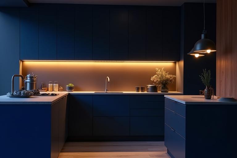 Moderne kjøkken med integrert stemningsbelysning og smart teknologi